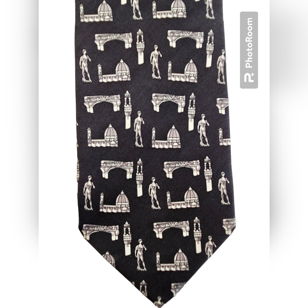 Italian Silk Black & White Firenze Landmarks Tie